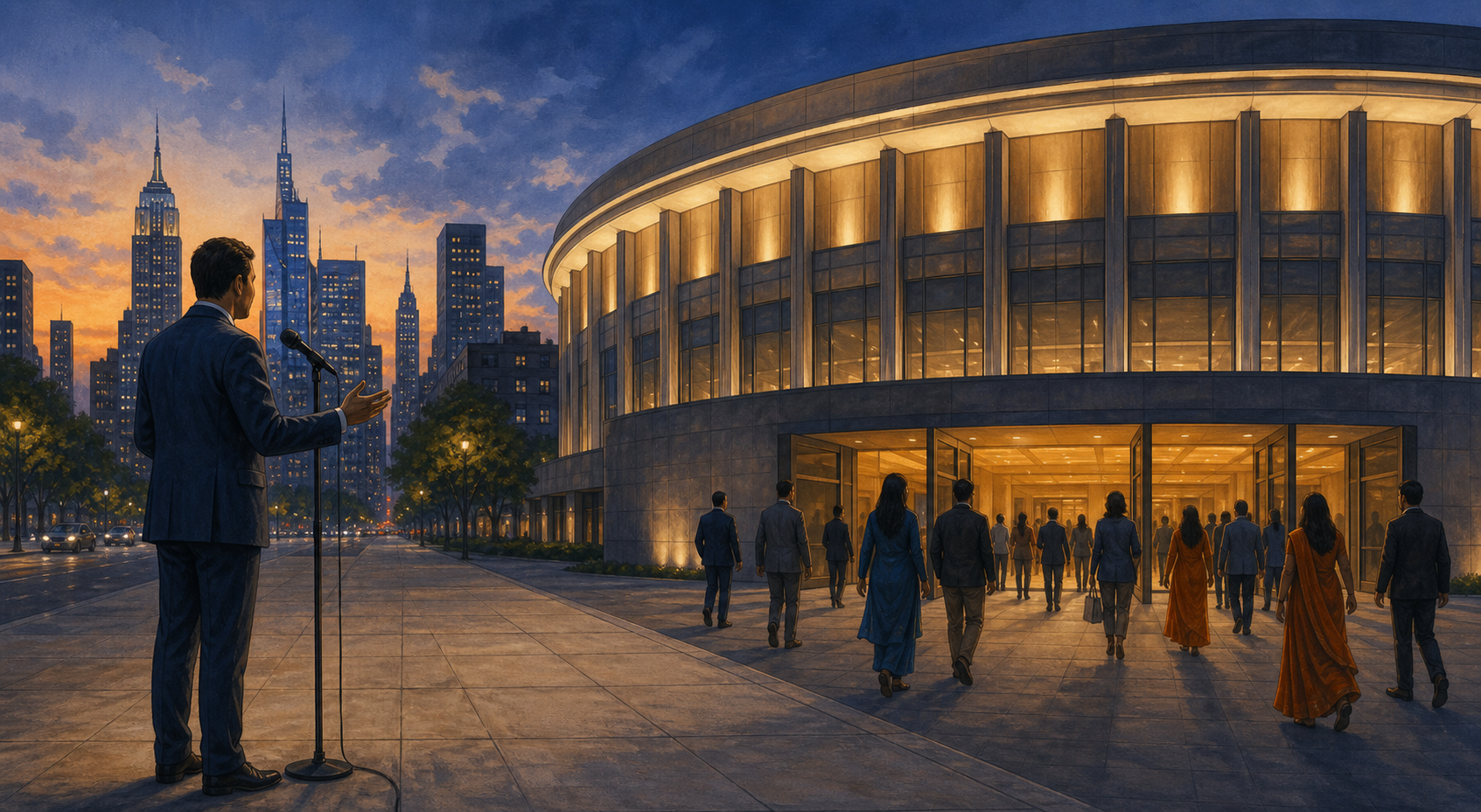 Editorial illustration of a generic New York arena, a municipal official at a microphone, and attendees entering through open doors at dusk.