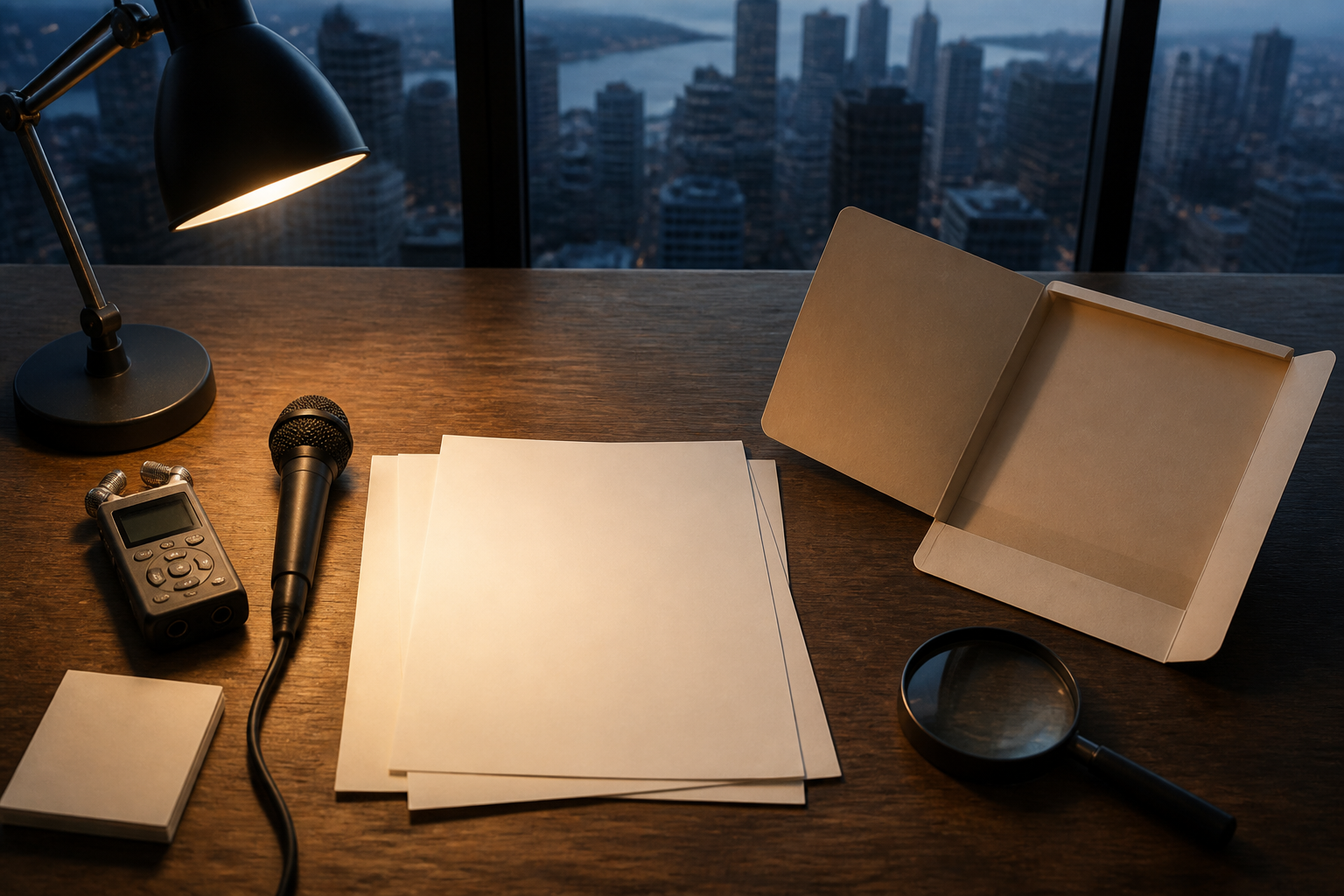 A microphone, audio recorder, blank documents, open folder, and magnifying glass arranged on a desk overlooking Manhattan.