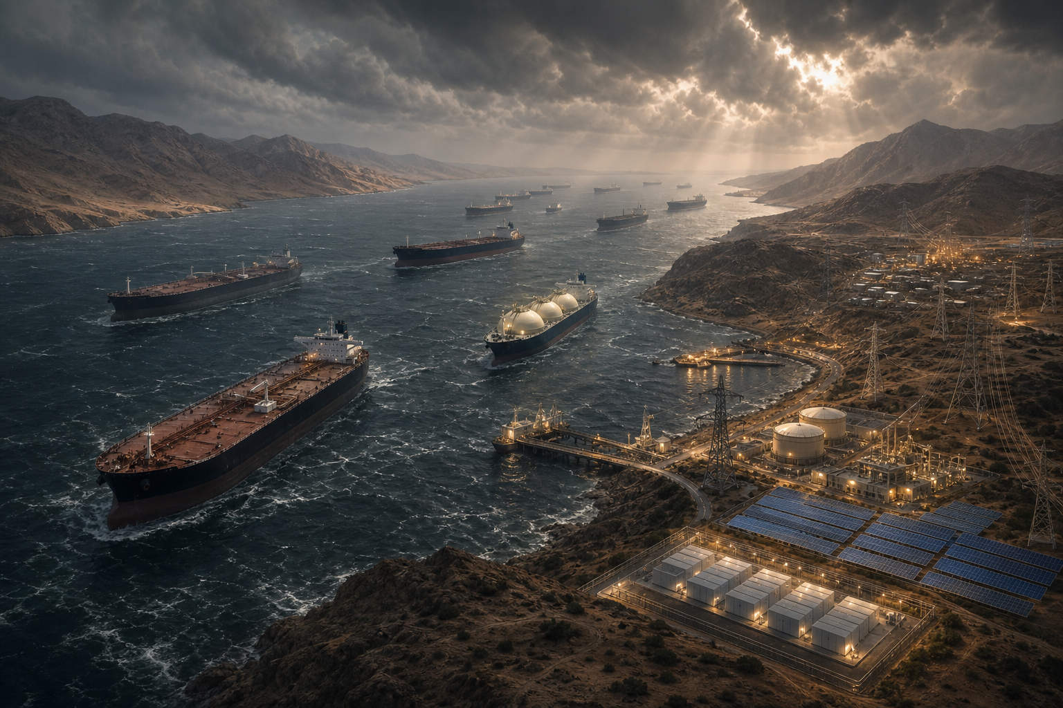 Oil and gas tankers wait in a congested desert-lined strait while solar power, batteries and transmission lines serve facilities near an Indian coast.