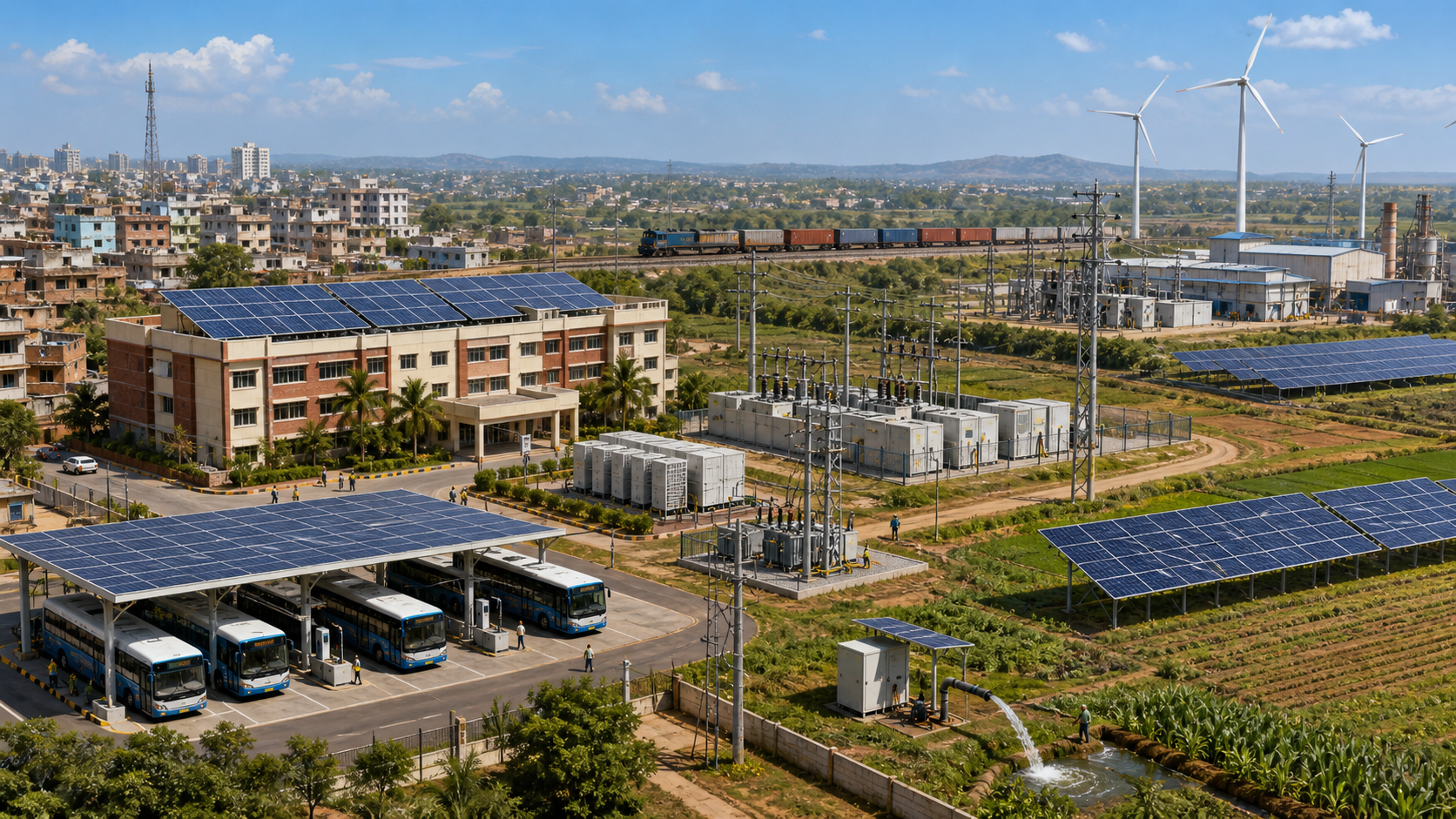 A hospital, electric bus depot, irrigated farm, industrial area and freight railway receive power from connected solar, wind and battery systems.