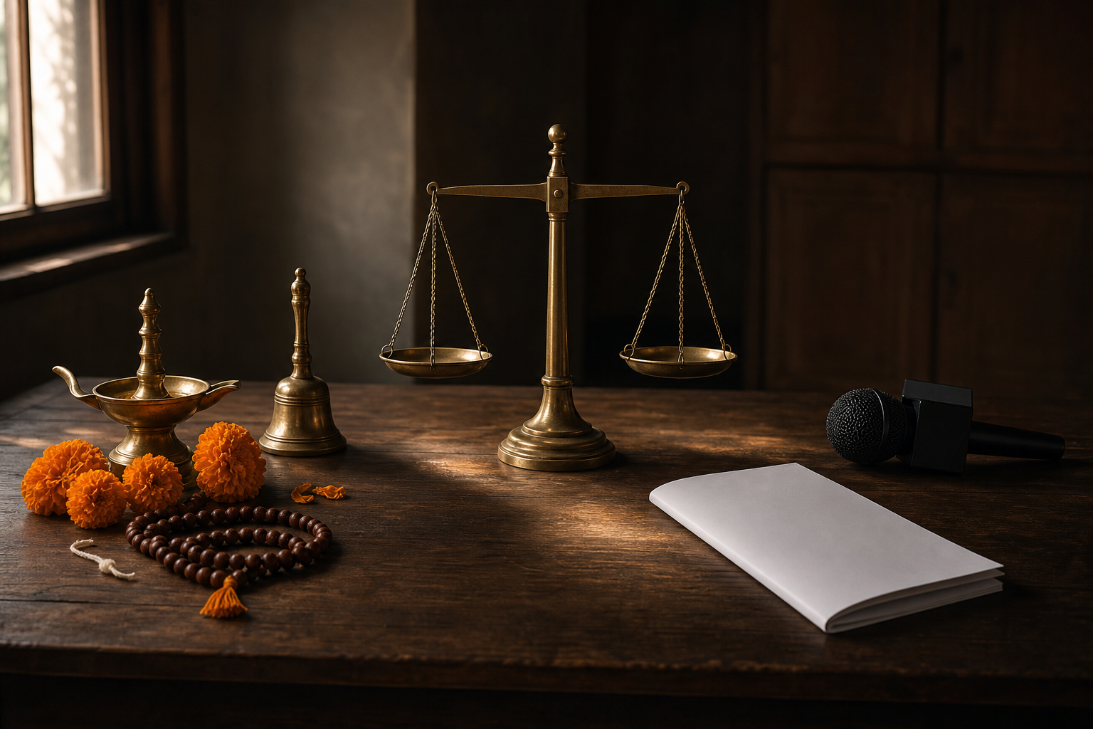 A balanced scale separates Hindu devotional objects from a microphone and a blank political pamphlet on a wooden table.