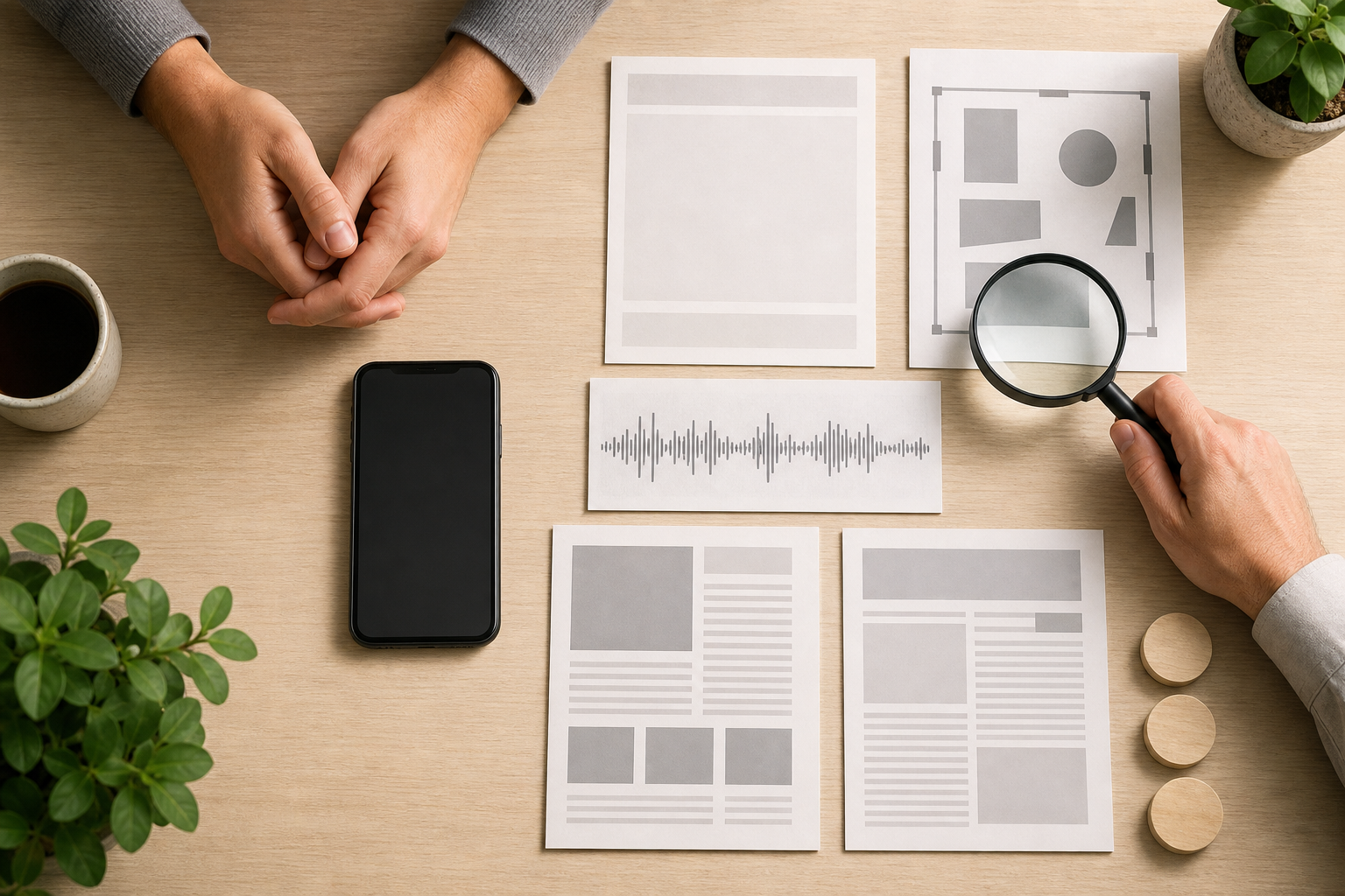 Hands compare blank source materials with a magnifying glass beside an unbranded smartphone before sharing information.