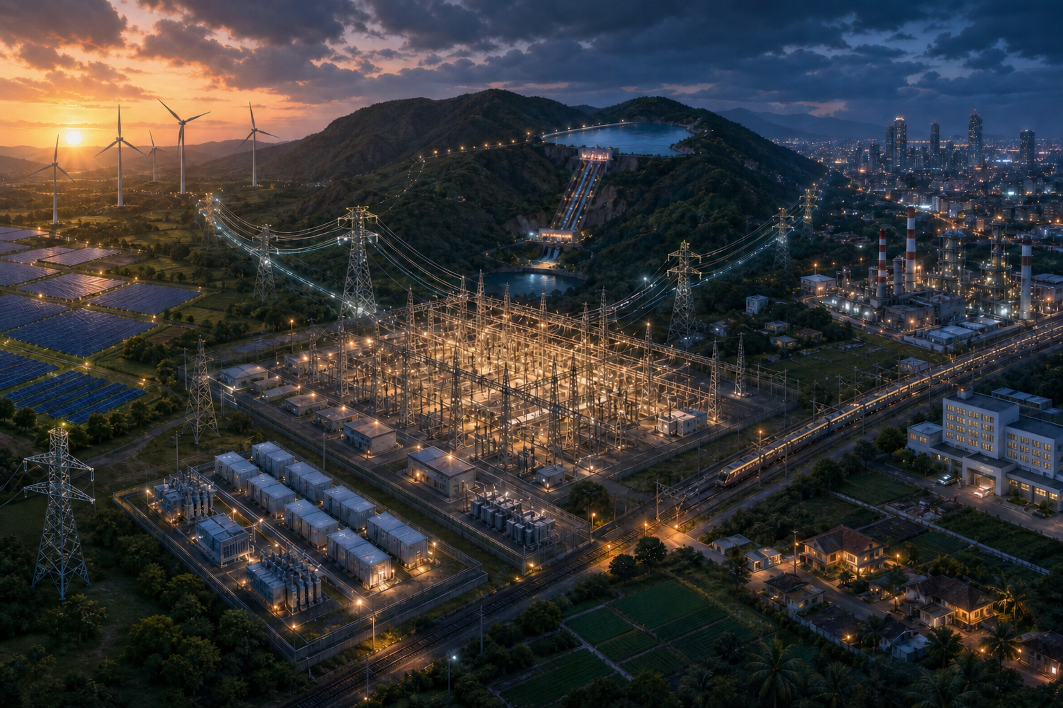 Solar and wind farms connect through transmission lines, batteries, pumped storage and a central substation to cities, factories, railways, hospitals and rural areas.