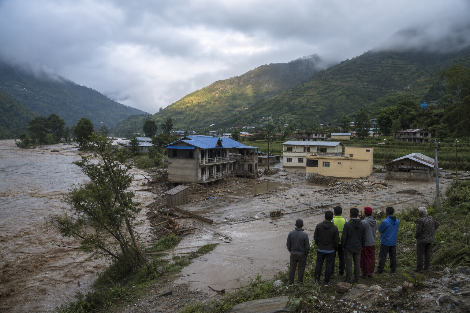 Floodwater and mud cover a low road in a Nepalese foothill settlement as residents and responders assess the area from higher ground.