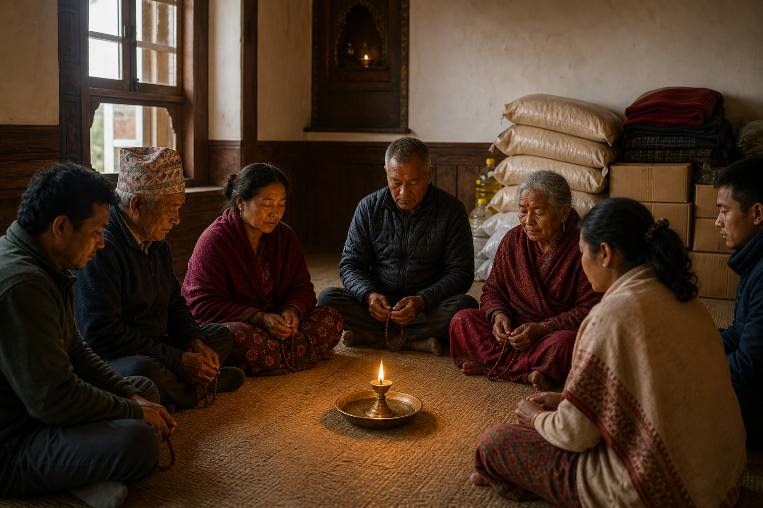 A small group of Nepalese devotees sits in a circle for prayer beside neatly arranged, unbranded relief supplies.