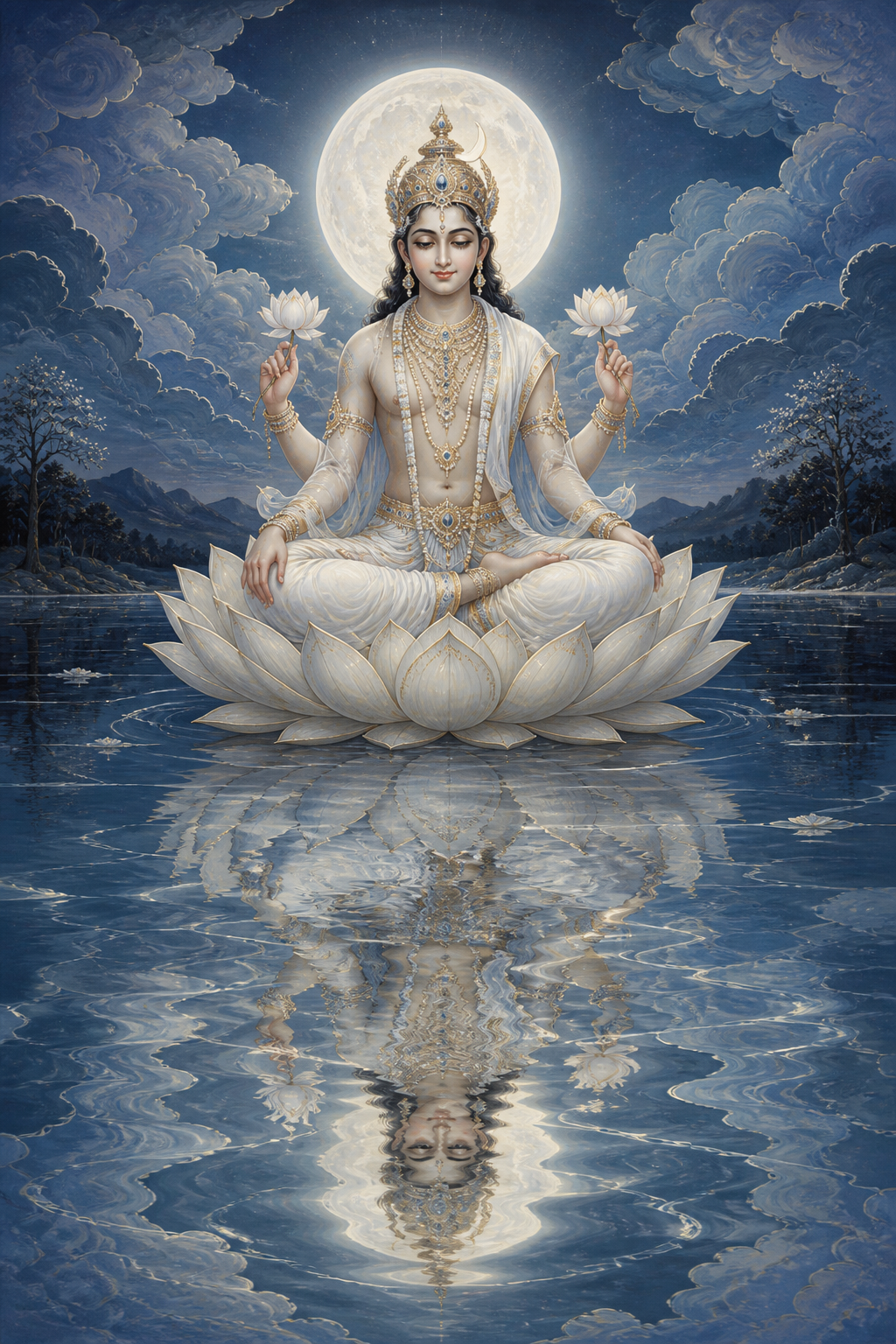A serene representation of Chandra sits on a pale lotus above clouds while moonlit water below forms a shifting reflection.