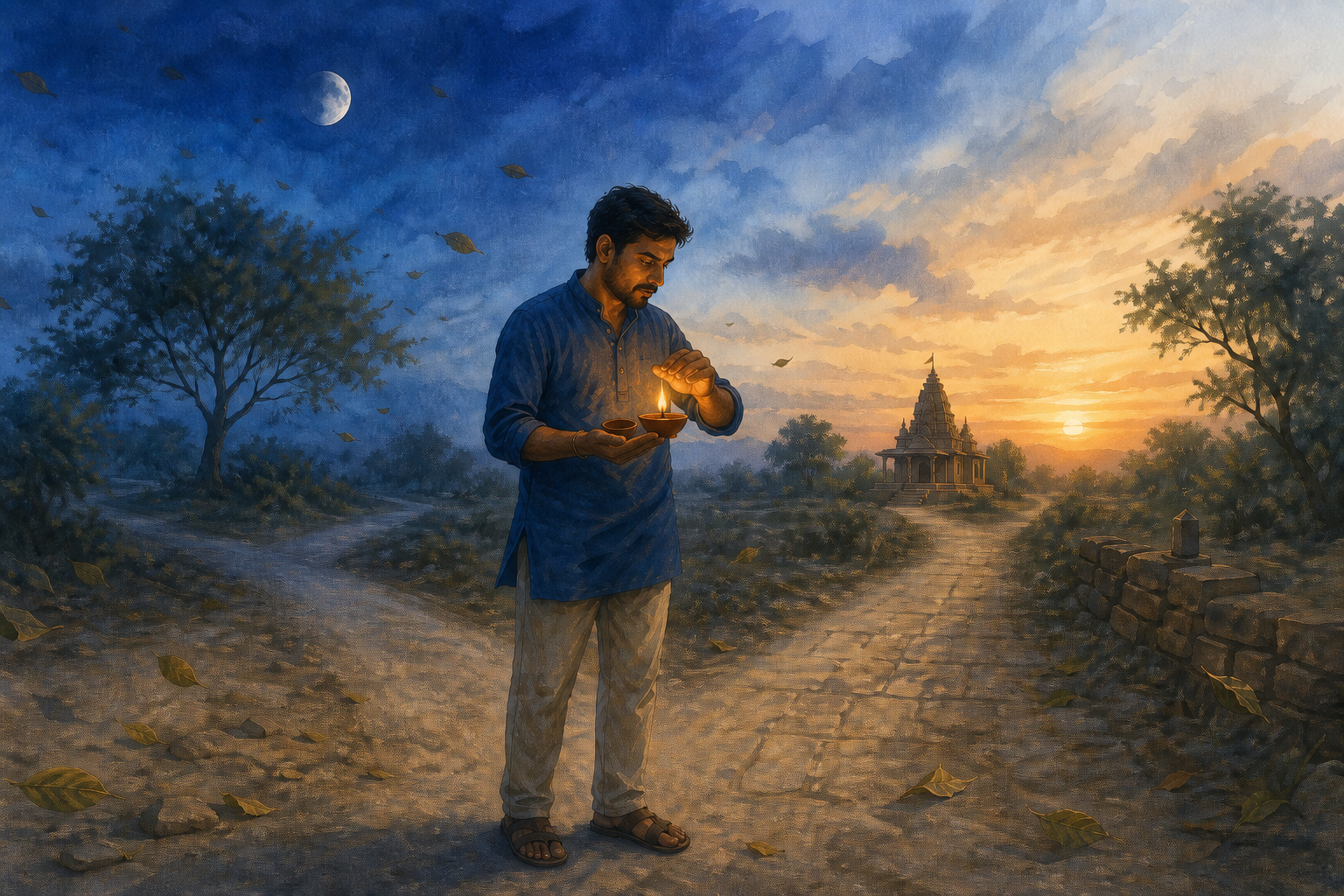 A person at a dawn crossroads protects a lit clay lamp beneath a waning Moon as clouds and leaves move through the scene.
