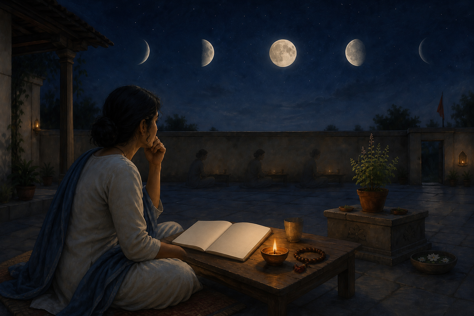 A person observes the Moon from a courtyard with a blank journal and clay lamp as several lunar phases appear across the evening sky.