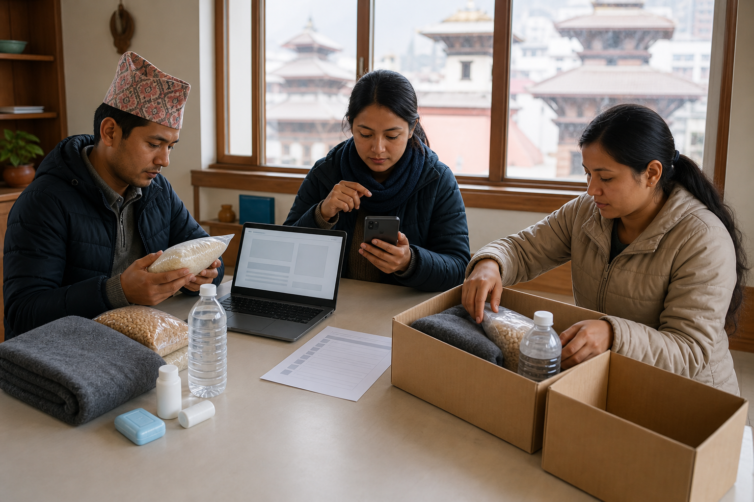 Three community volunteers cross-check digital information and inspect sample relief supplies at an organized table.