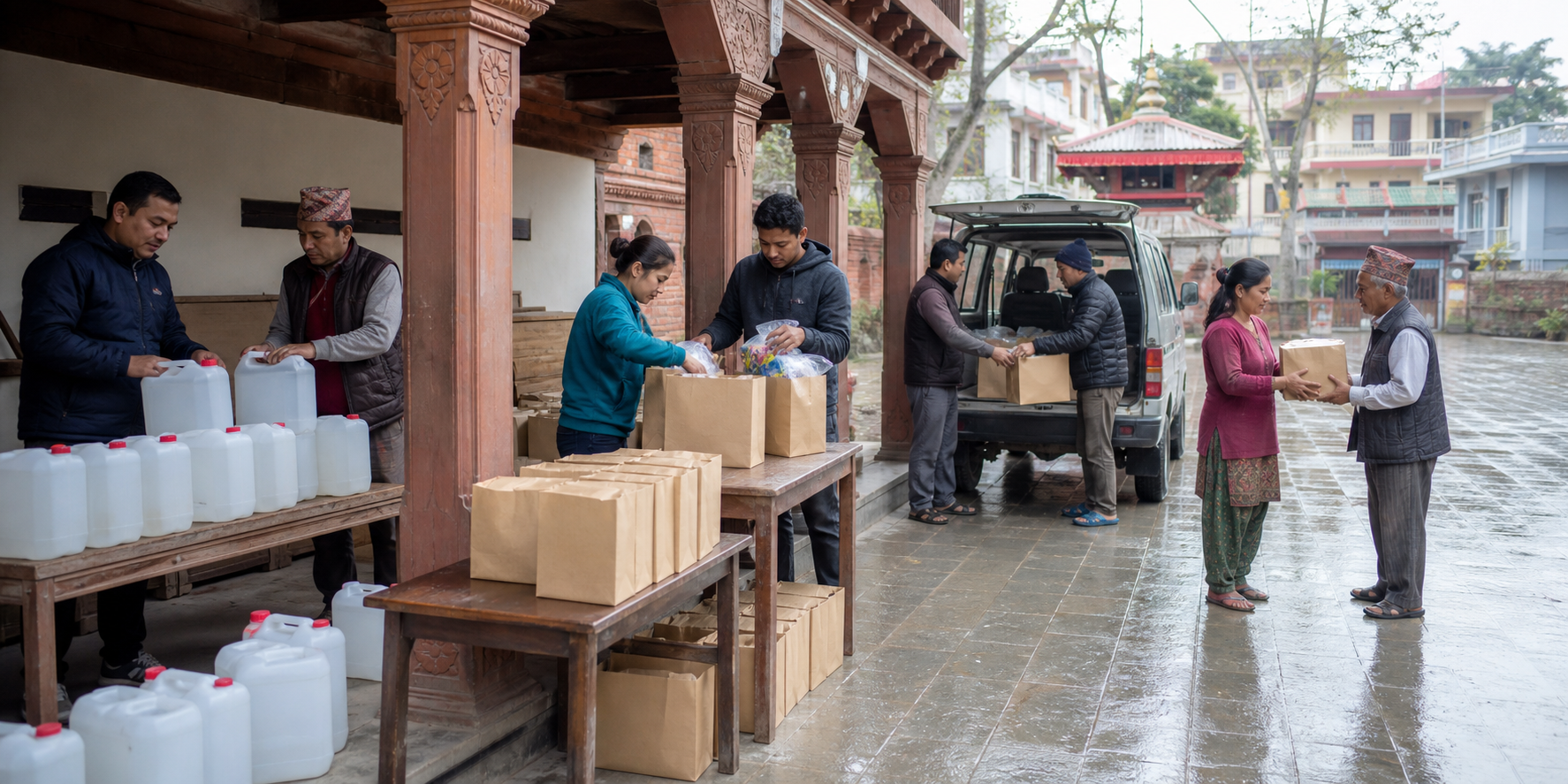 Volunteers inspect, pack, transport, and respectfully distribute unbranded relief parcels in a sheltered Nepalese community courtyard.
