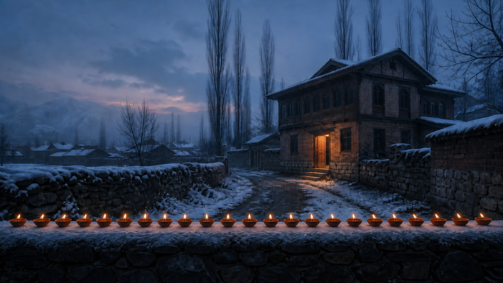 Twenty-three clay lamps glow beside a snow-dusted Kashmiri village lane leading to a traditional house at dawn.
