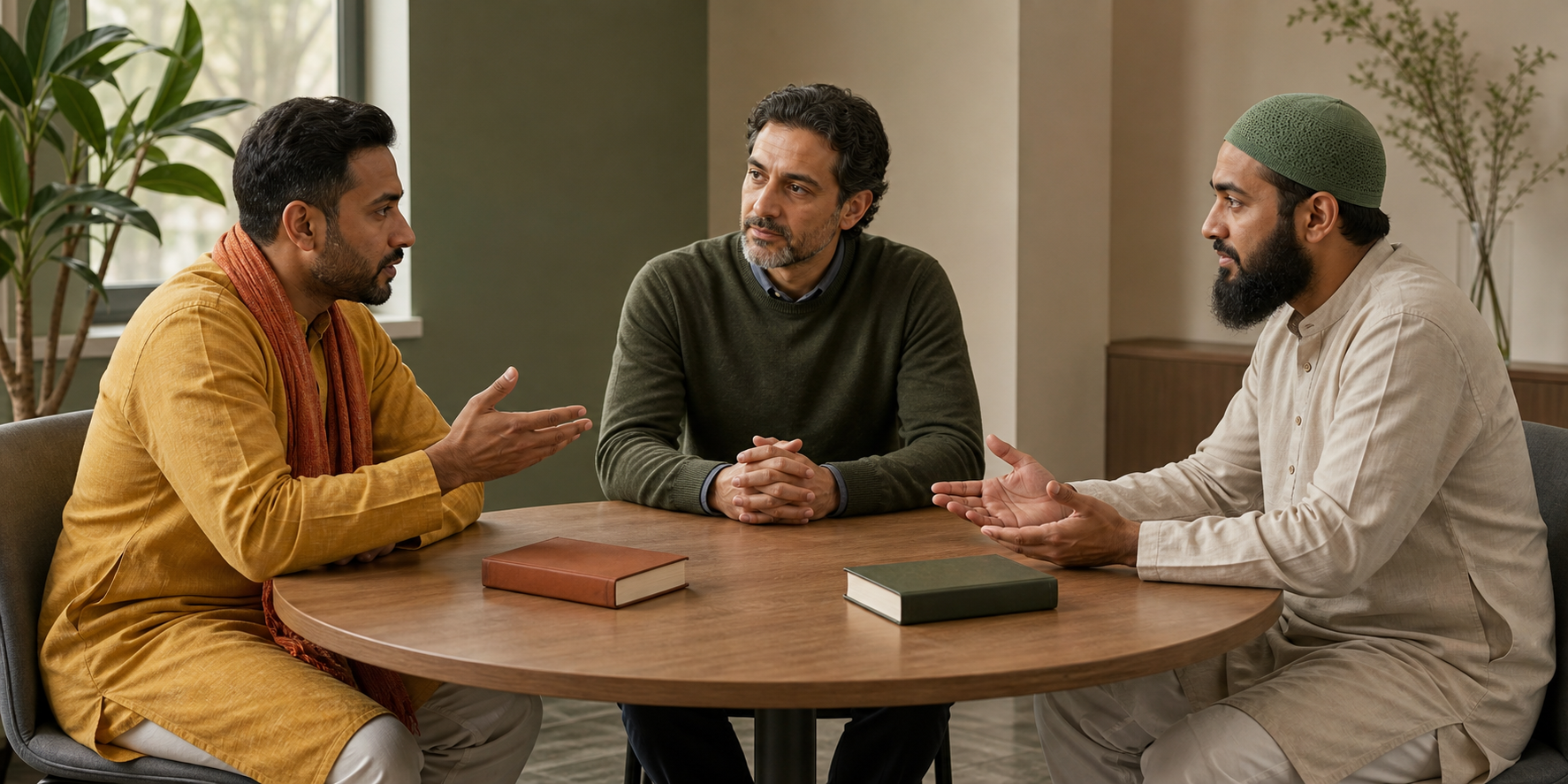Two men discuss religious ideas across a table while a neutral facilitator helps maintain a calm conversation.