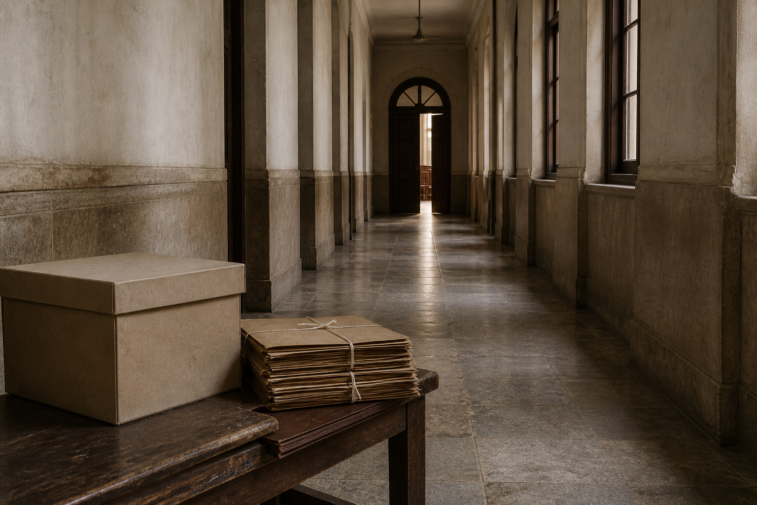 Aged case files and an archival box sit on a courthouse bench facing a partly open courtroom door.