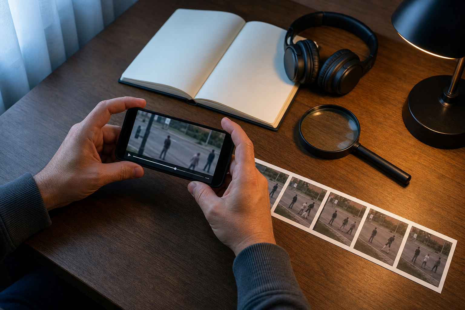 Hands examine a paused street video on a smartphone beside a magnifying glass and printed frame sequences.