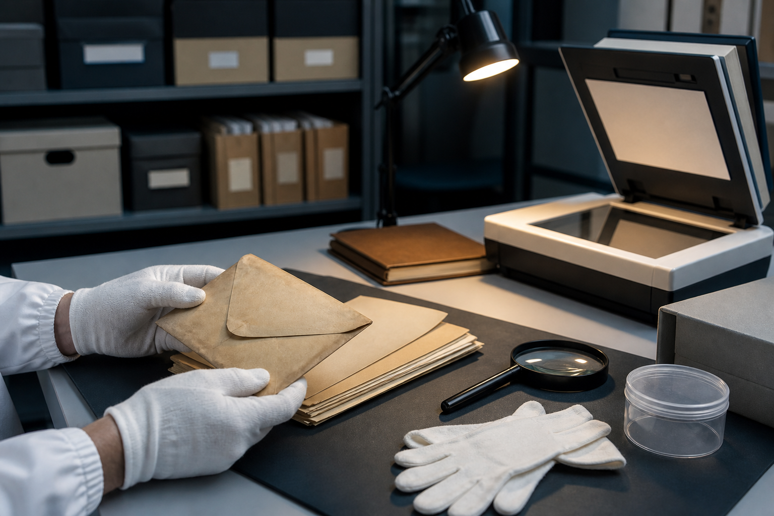 Gloved hands examine aged archival materials beside preservation tools and a modern scanner.