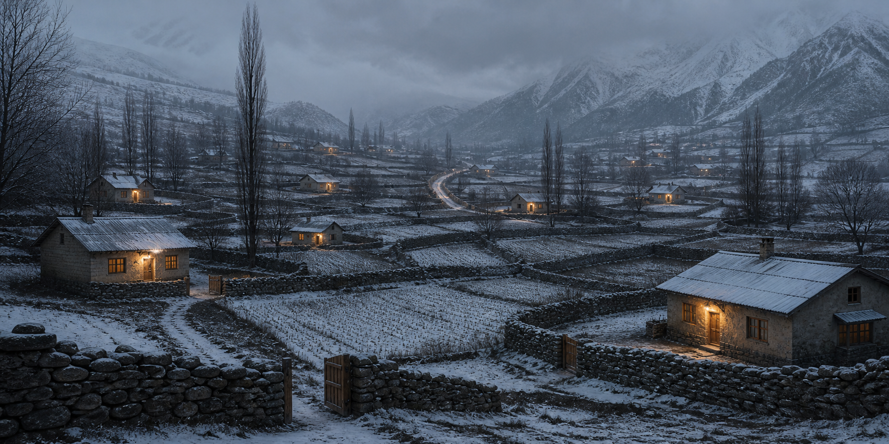 Separate Kashmiri village homes stand in individual pools of light across divided winter fields.