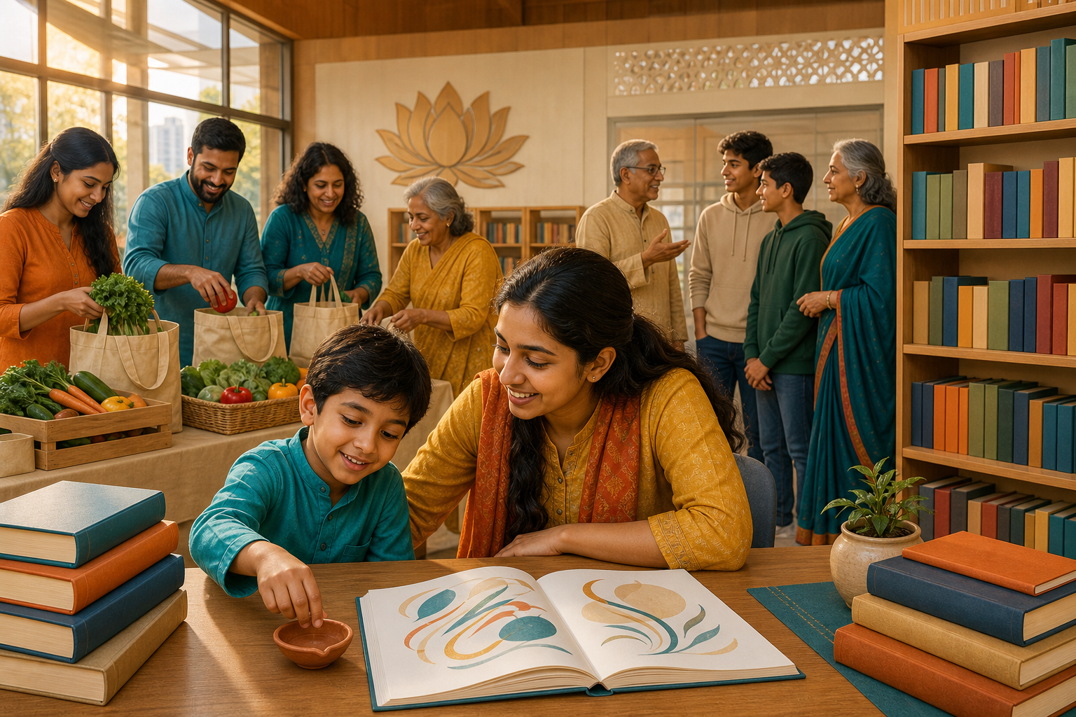 Hindu volunteers lead a heritage class and organize food donations in a Toronto community center.