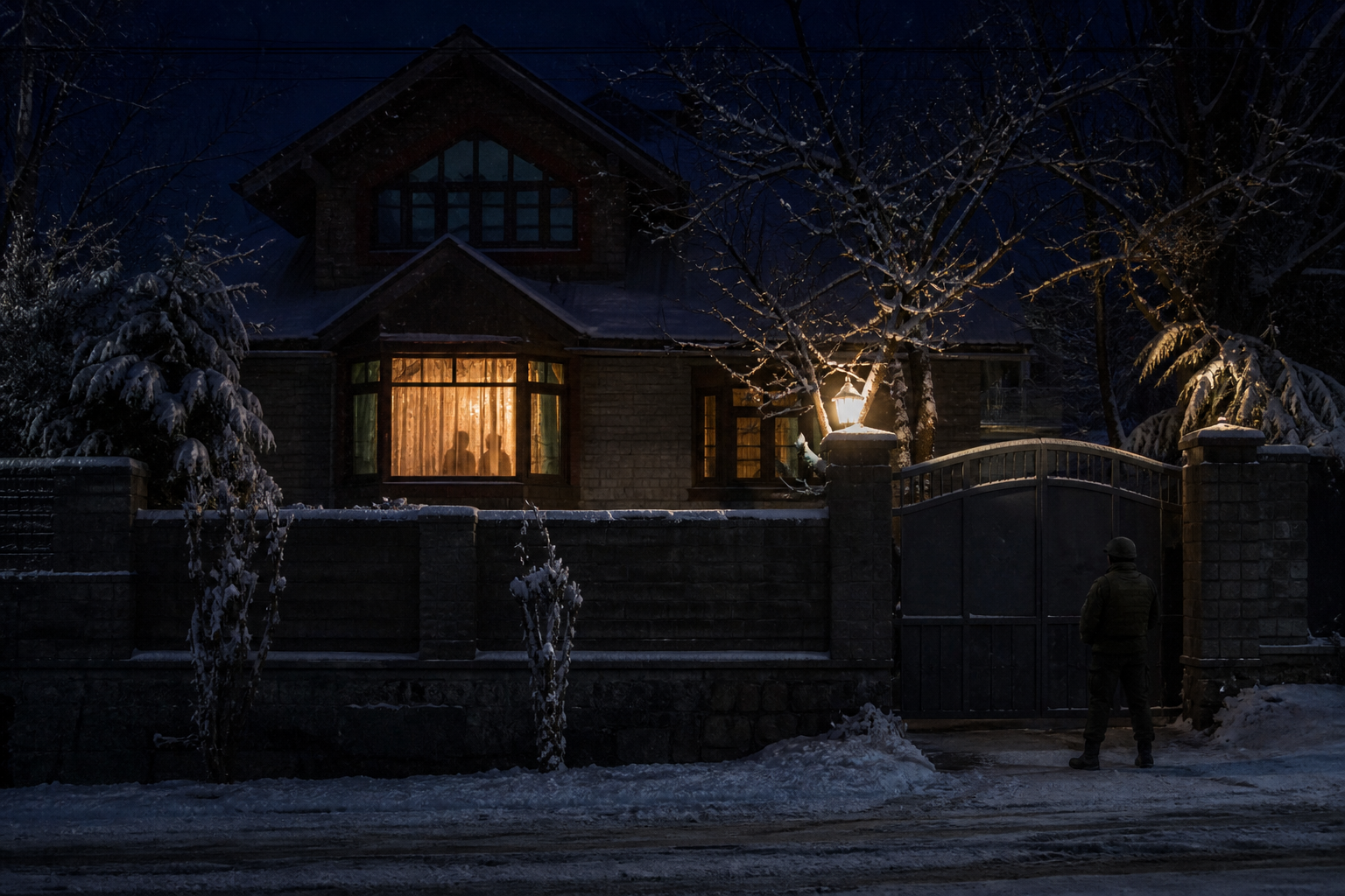 A discreet security presence watches over a warmly lit Kashmiri home during light snowfall at night.