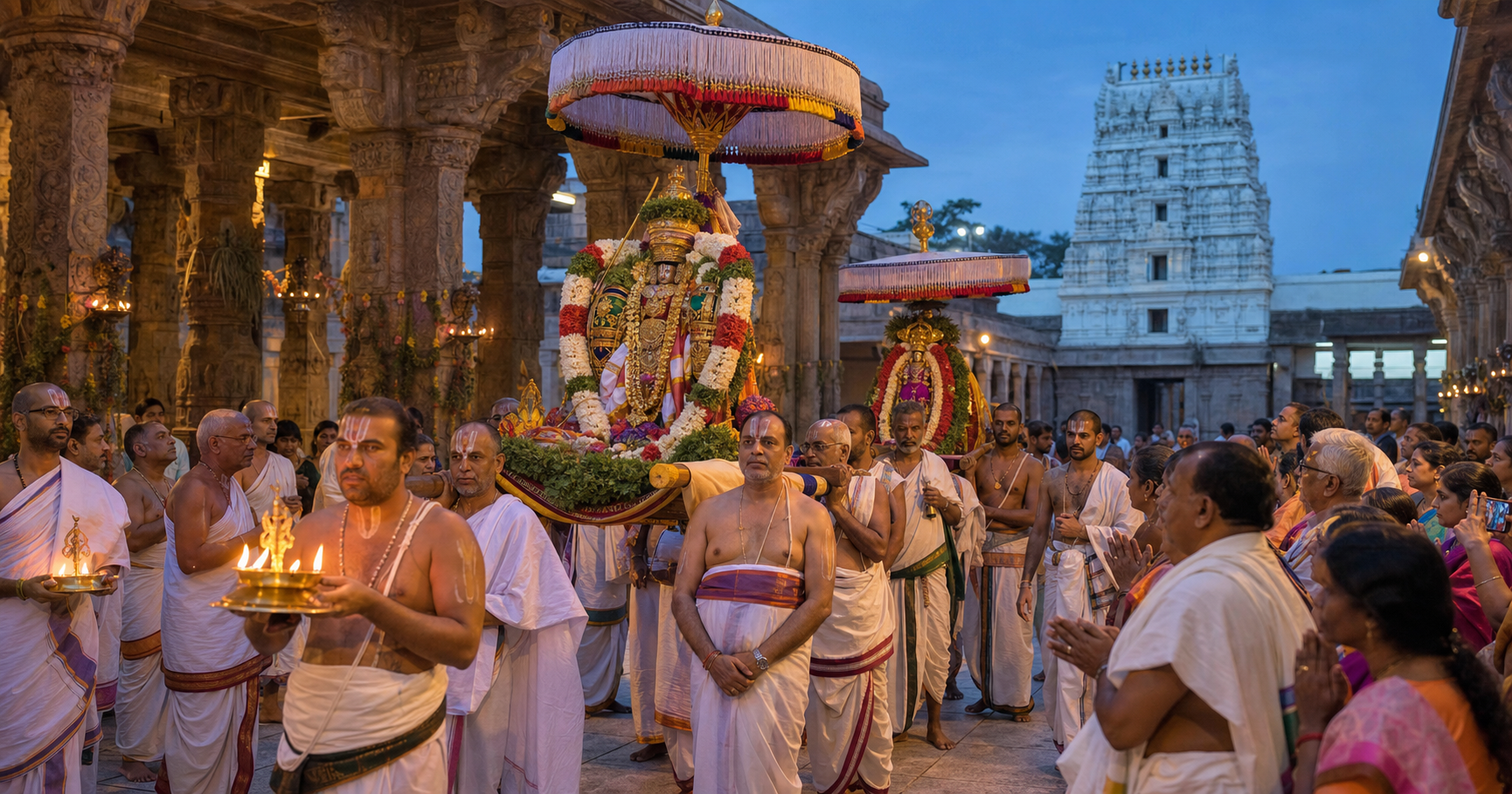 Priests and devotees accompany the decorated processional icons of Govindaraja Swamy and Krishna Swamy through a South Indian temple courtyard at dawn.