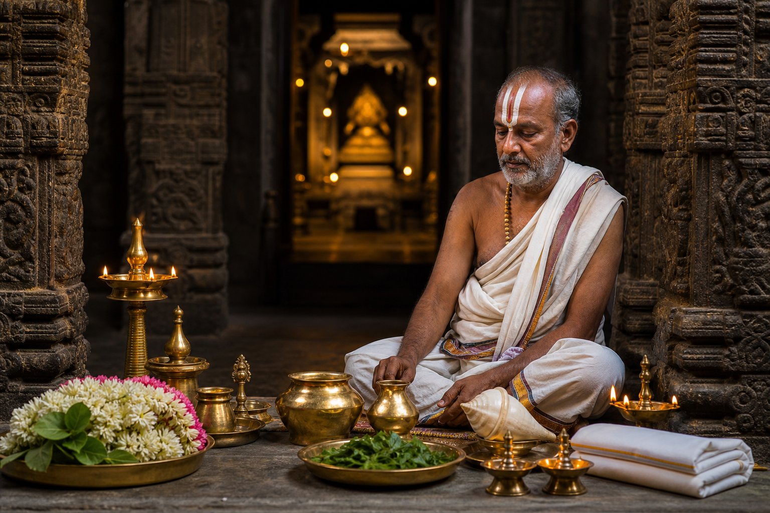 A Vaishnava priest sits beside ordered brass vessels, lamps, tulasi leaves and flowers in a stone temple ritual space.