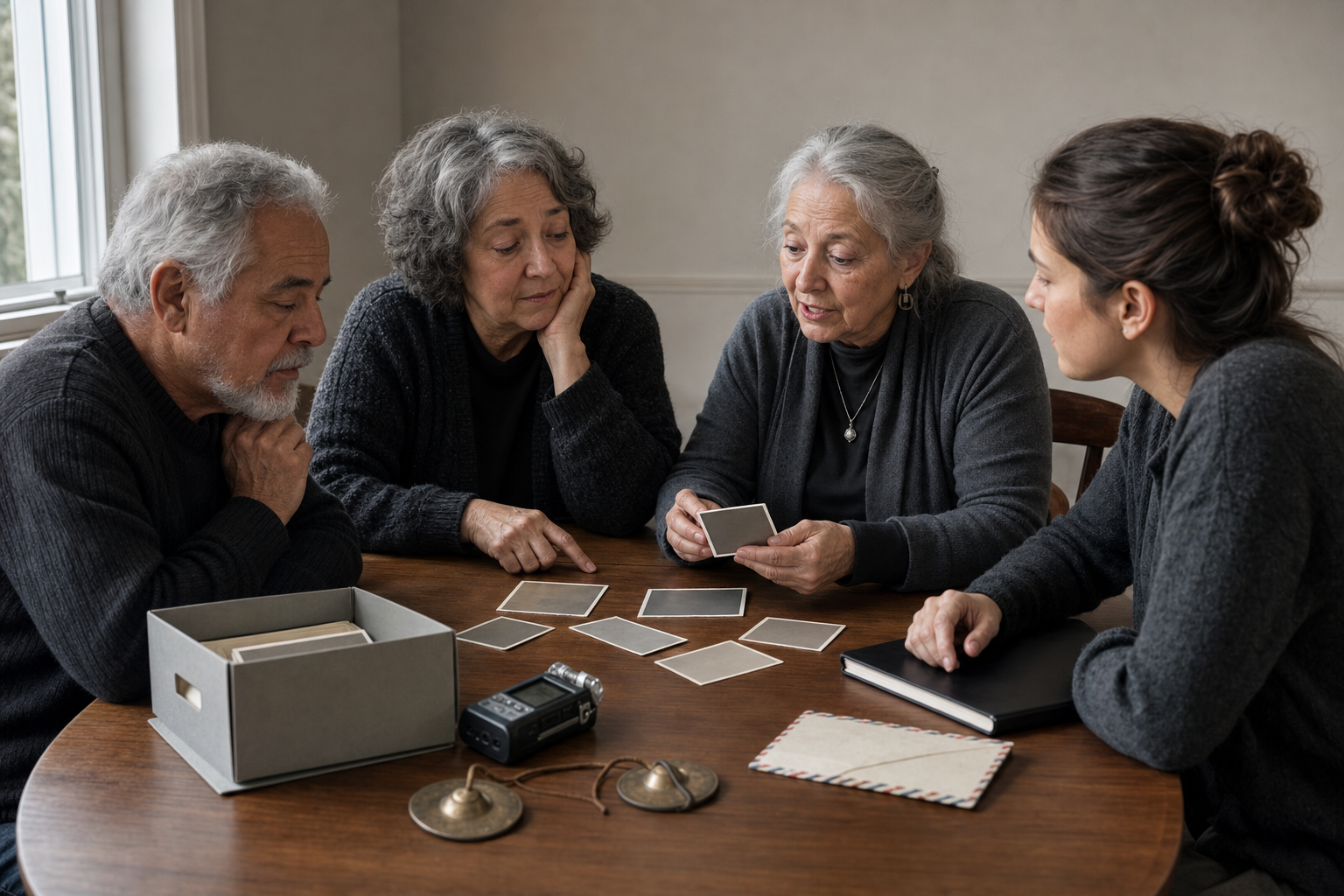 Three older adults and a younger archivist compare memories around a table holding unlabeled photographs, an archival box and hand cymbals.