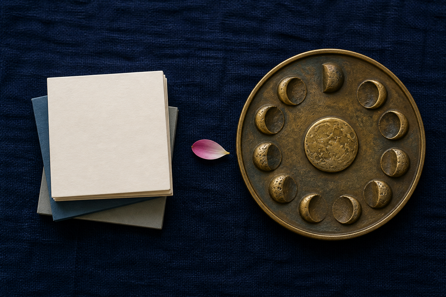 Blank square calendar tiles beside a circular brass disc depicting phases of the moon.