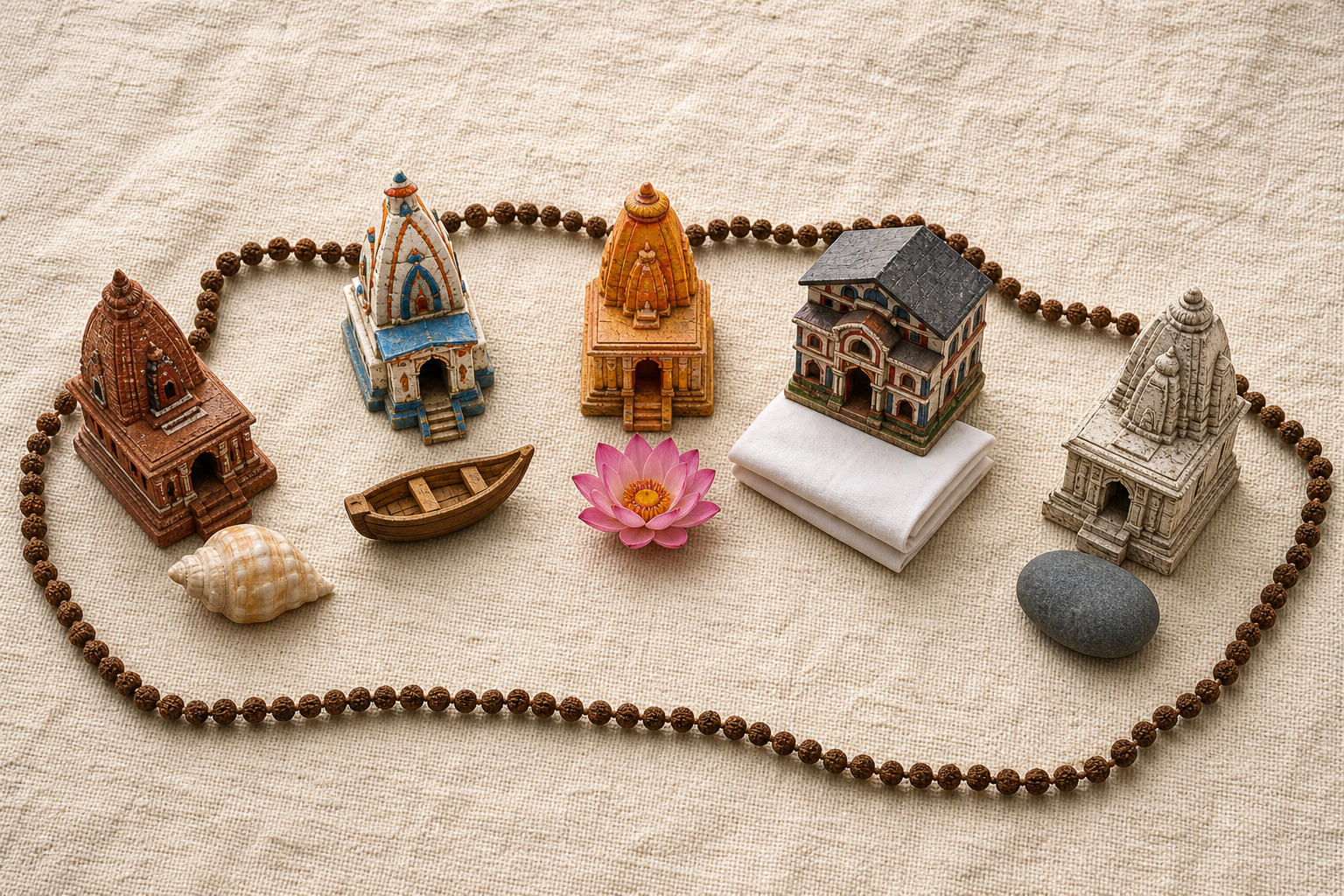 Five distinct temple miniatures are arranged with coastal, island, inland, hill-town, and lakeside objects inside a loop of tulsi prayer beads.