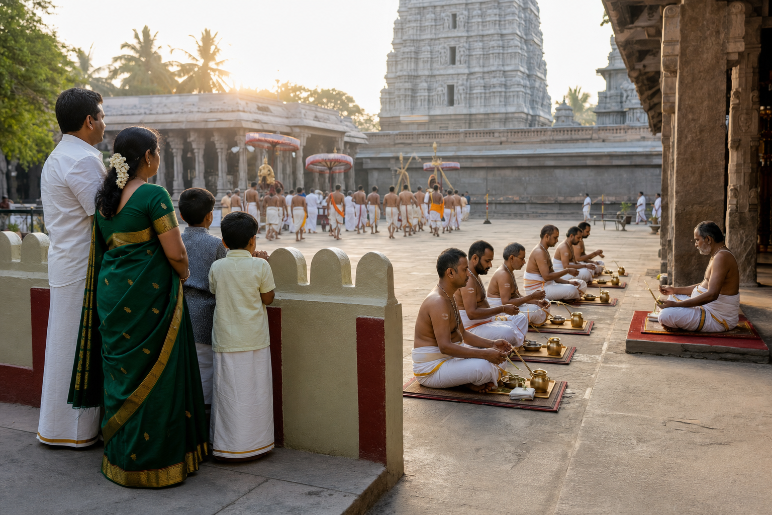 Devotees watch a temple procession while a separate group of practitioners sits with a teacher and individual ritual materials.
