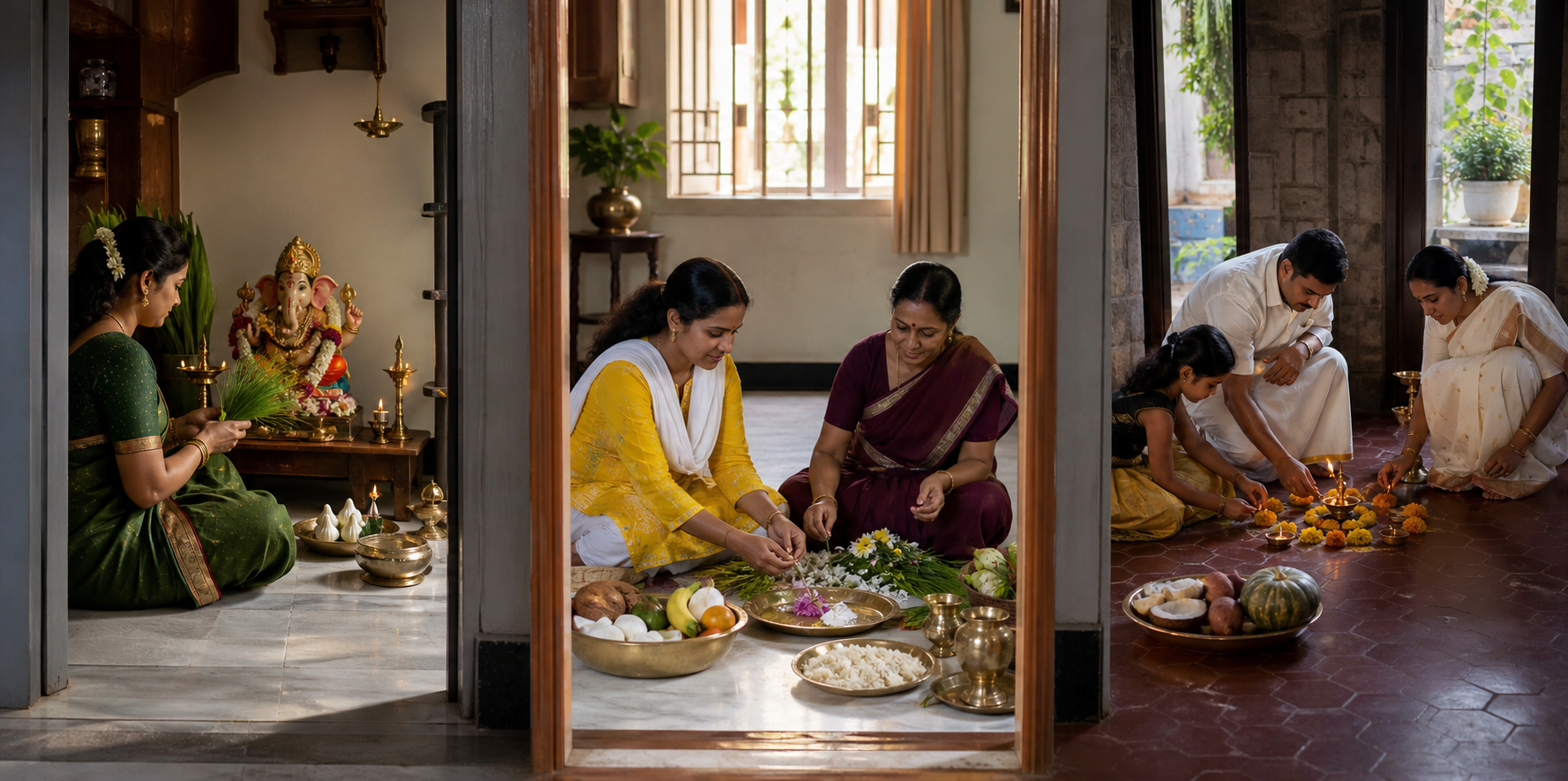 Three neighboring household spaces show separate preparations with a Ganesha altar, fasting foods, flowers, lamps and seasonal offerings.