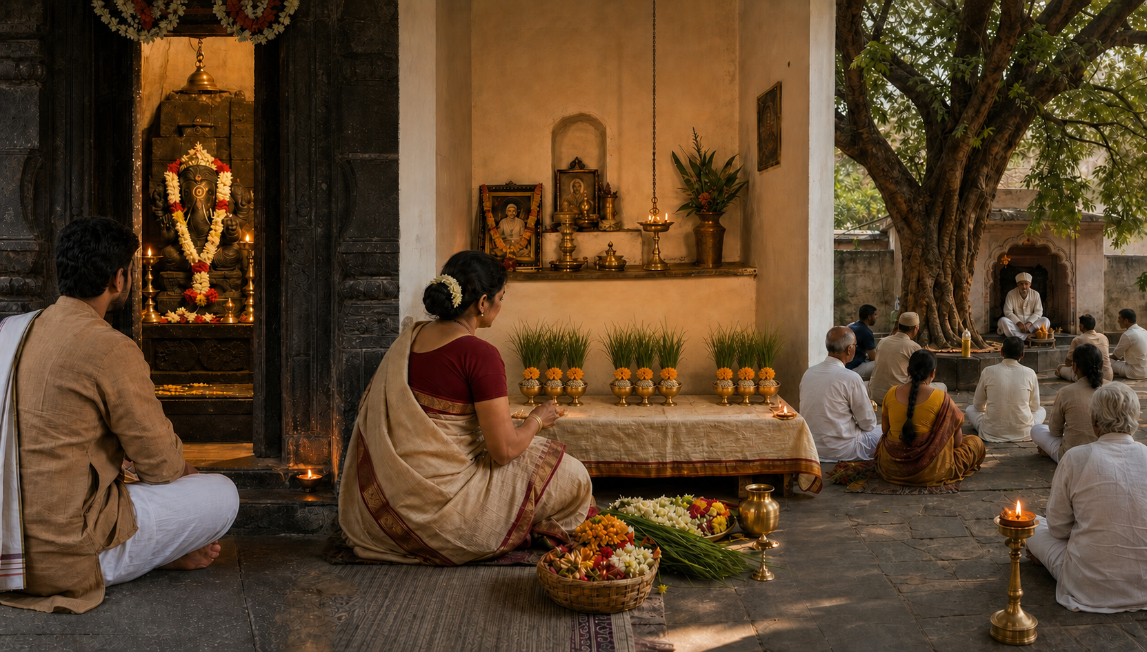 One devotional scene shows a pilgrim observing a Ganesha murti, a nine-day home altar with lamps and offerings, and devotees seated in a saint's shrine courtyard.