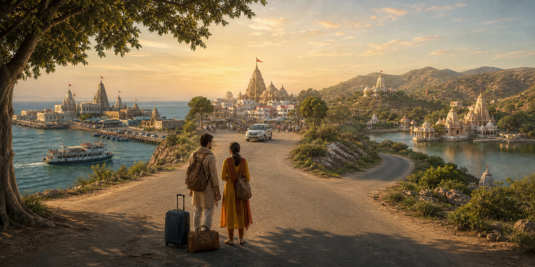 A clustered pilgrimage landscape shows two coastal stops, an inland Gujarat temple town, and two Rajasthan shrine towns with pilgrims choosing a direction at a crossroads.