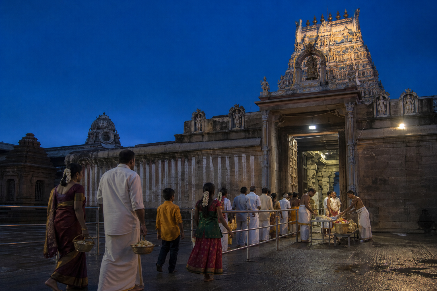 Devotees arrive at an orderly South Indian temple entrance before sunrise as preparations continue inside.