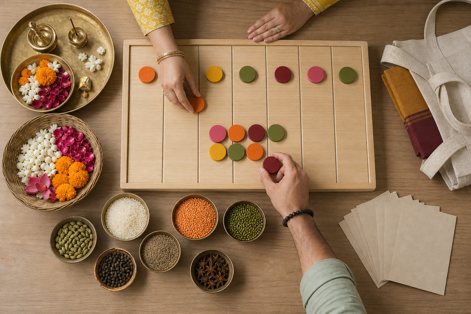 Two people arrange blank planning tokens beside ritual supplies, pantry ingredients, flowers and plain invitation cards.