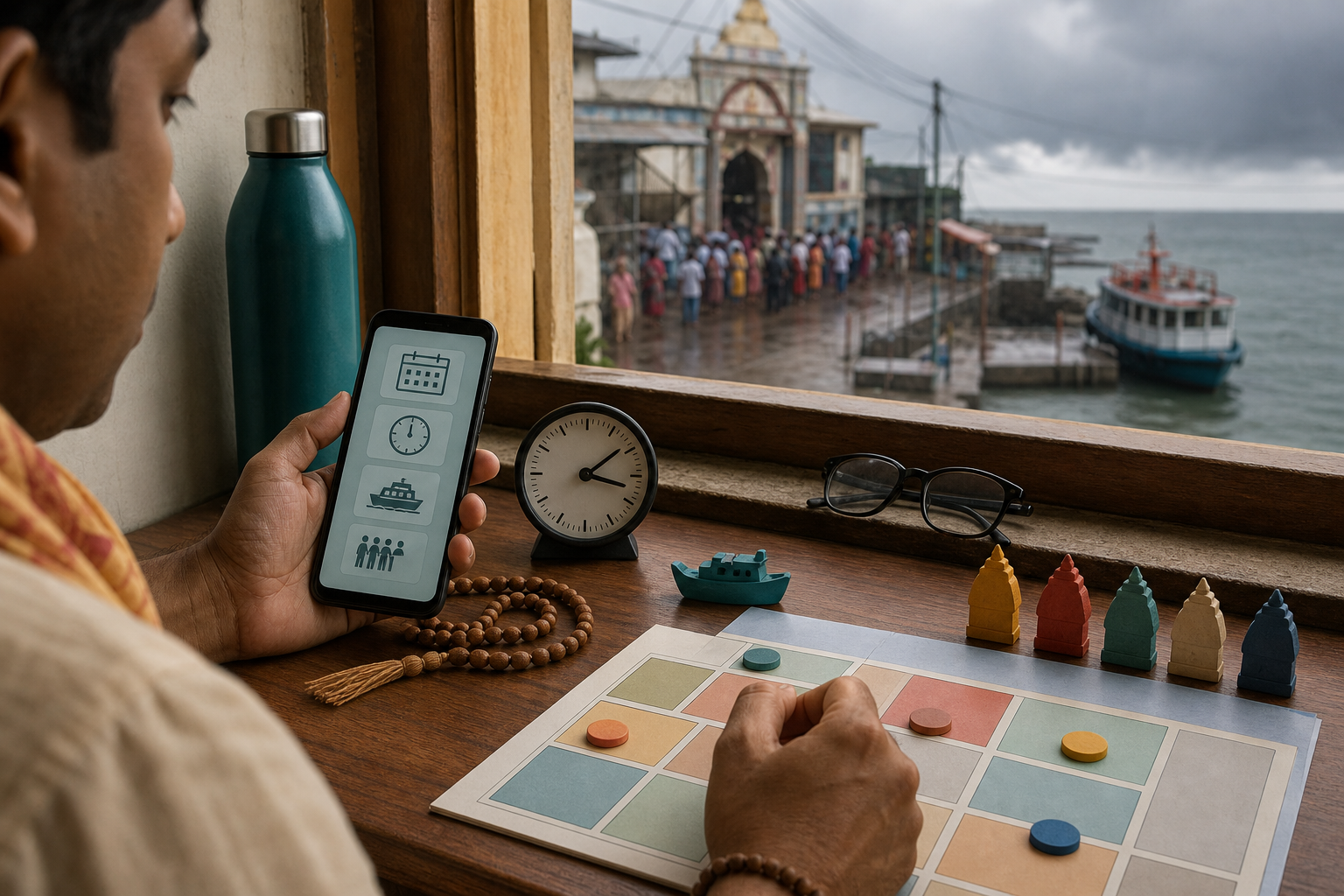 A pilgrim checks abstract schedule and transport icons on a phone beside a blank planning worksheet, prayer beads, a clock, and five temple markers.