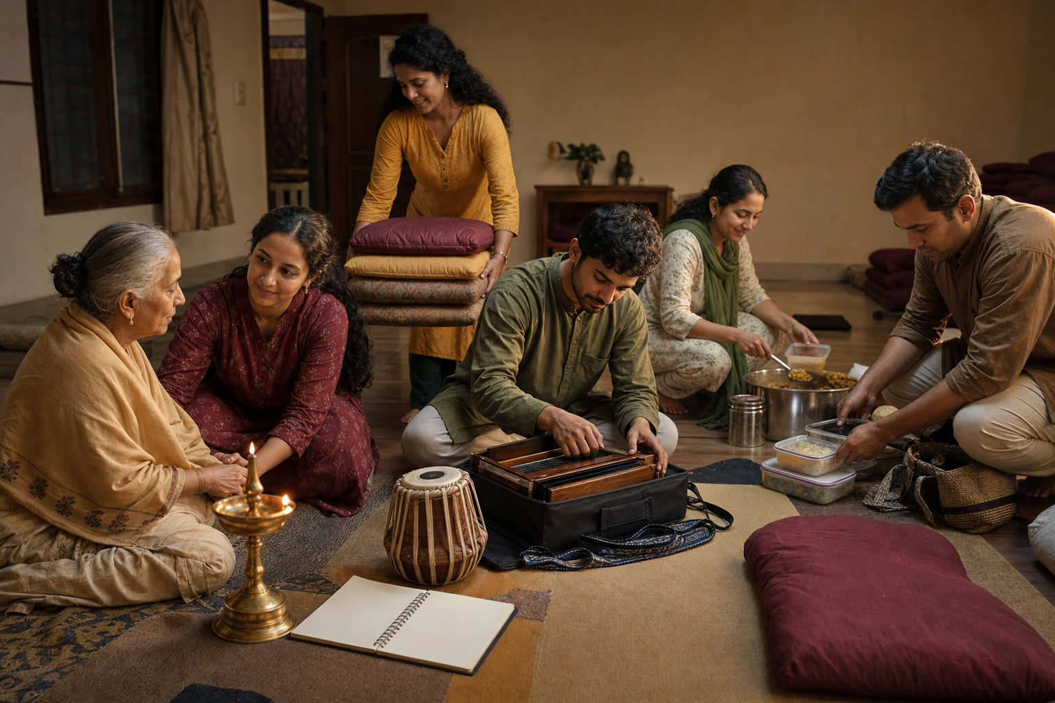 A small multigenerational team tidies the satsang space, packs food, and prepares materials for the next weekly gathering.