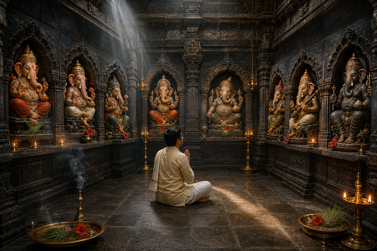 A seated pilgrim observes eight distinct Ganesha forms housed in separate alcoves around a dark stone temple hall.