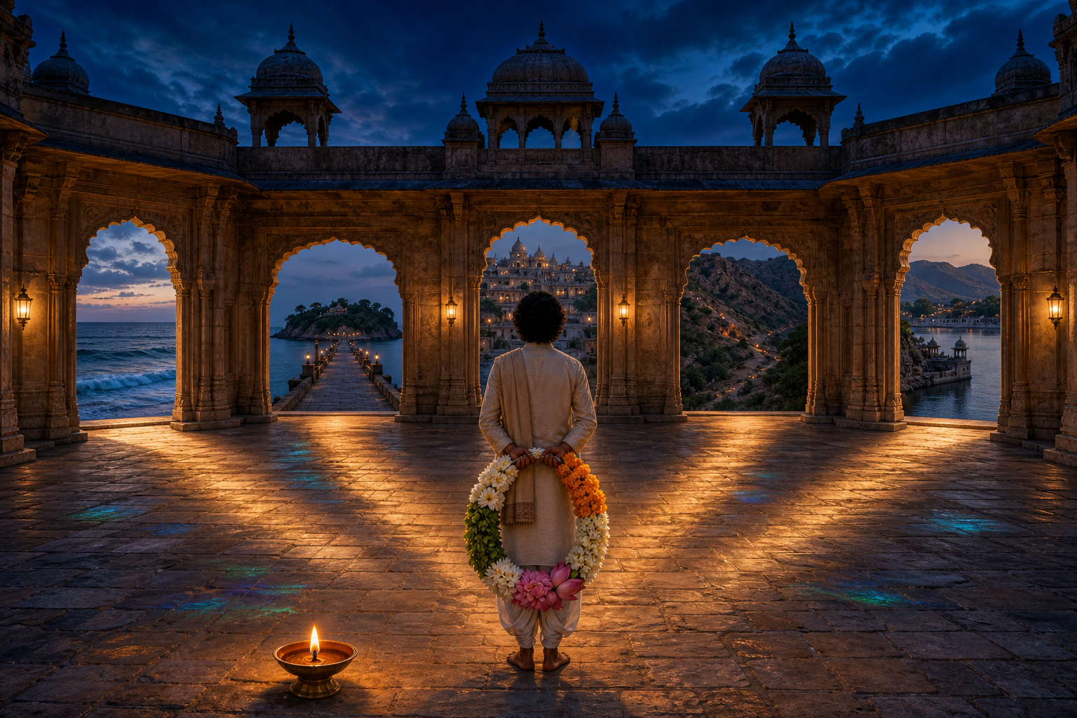 A pilgrim holds one garland made from five kinds of flowers as five temple gateways open toward coastal, island, town, hill, and lakeside landscapes.