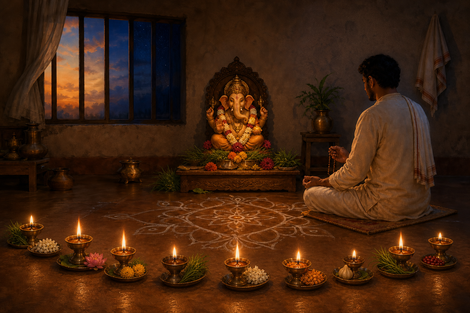 A devotee meditates before a home Ganesha altar as nine oil lamps and changing offerings suggest nine successive evenings of worship.