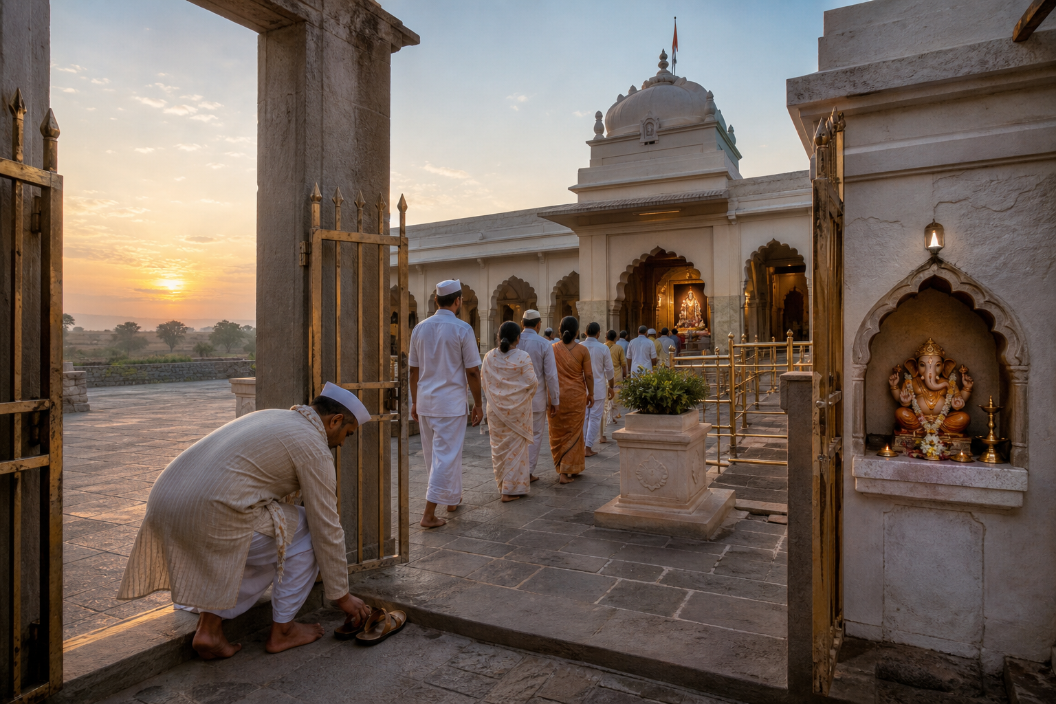 Devotees enter a temple courtyard in Shegaon at dawn while a traveler bows at the threshold before approaching the inner saint shrine.