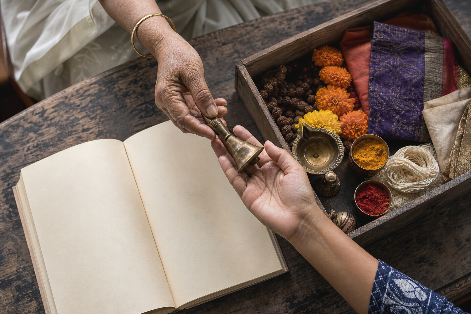 An elder passes a small ritual object to a younger adult above an open blank almanac surrounded by a lamp, prayer beads, flowers, rice, sacred thread, and fabric.