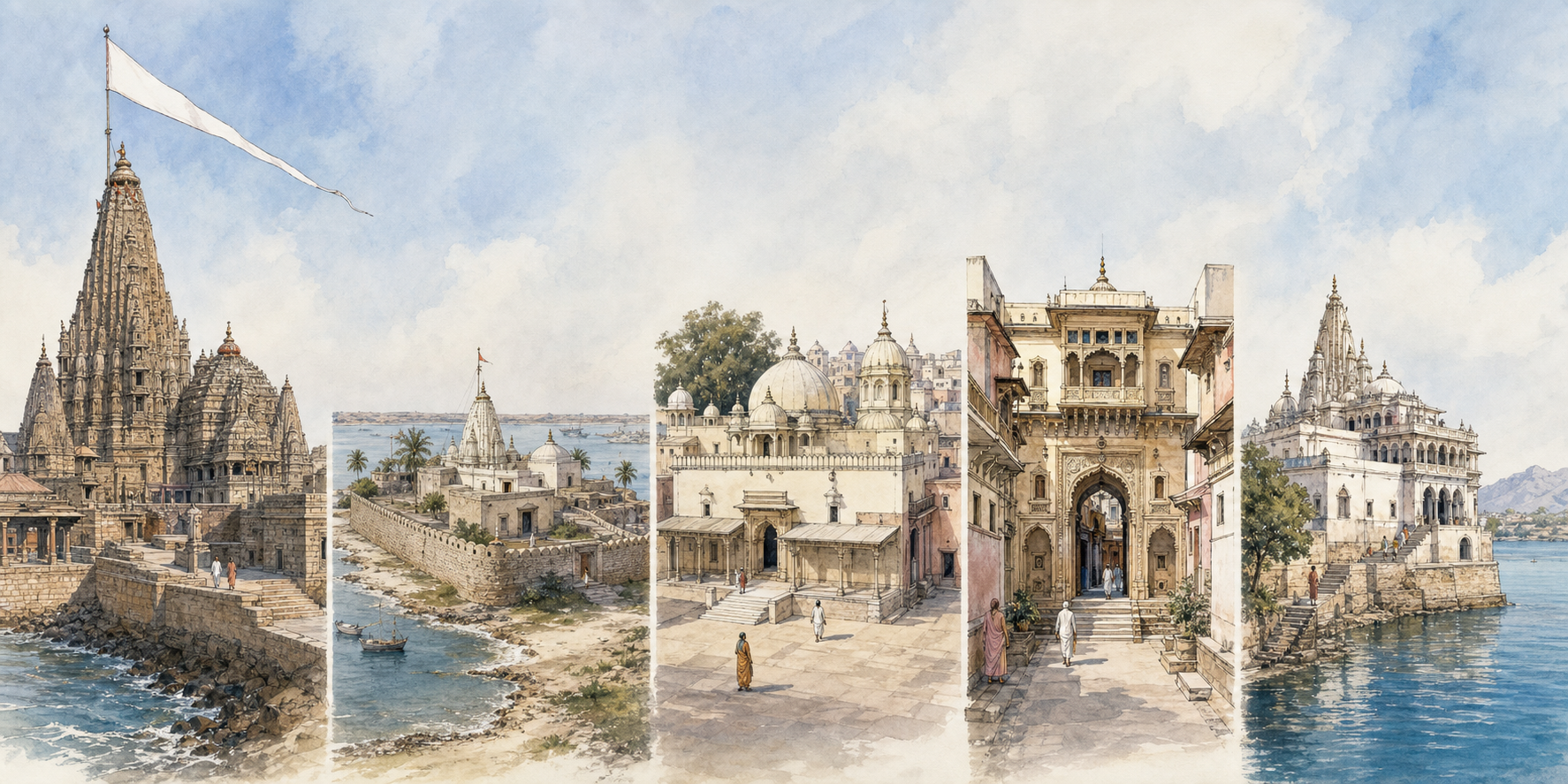 Five unlabeled architectural vignettes represent Dwarkadhish Temple in Dwarka, Bet Dwarka, Ranchhodraiji Temple in Dakor, Shrinathji Temple in Nathdwara, and Dwarkadhish Temple in Kankroli.