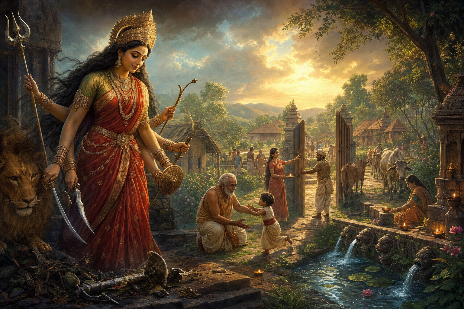 Durga stands calmly as villagers, animals, flowing water, and relit lamps signal the return of order after conflict.