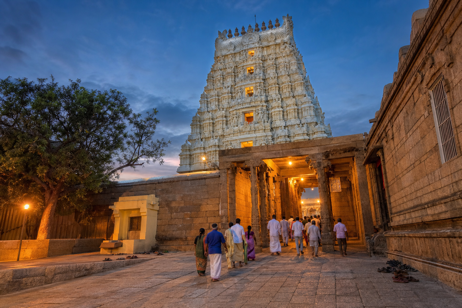 Devotees approach the illuminated gateway and tall gopuram of Sri Govindaraja Swamy Temple before sunrise.