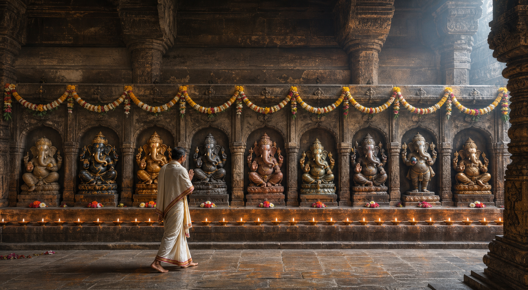 Nine distinct Ganesha murtis are arranged in a temple arc and connected by one garland and a continuous row of oil lamps.