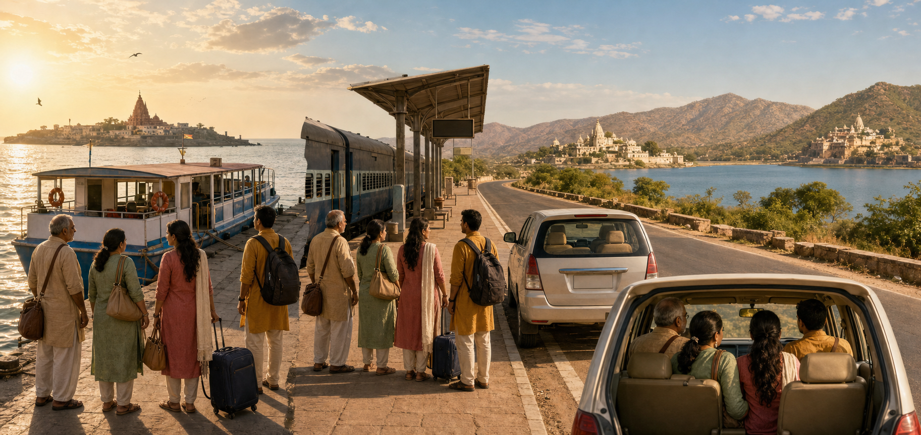Pilgrims travel by coastal ferry, inland rail and road connections, and a car through the hills and lakes of Rajasthan in three connected scenes.