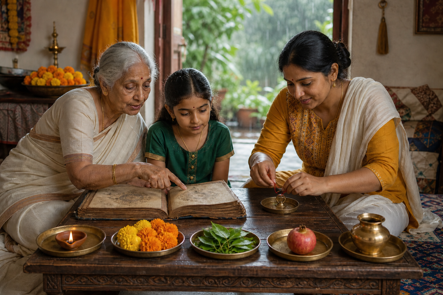 Three generations organize five trays of ritual reminders while consulting an open panchang at a low table in a softly lit Indian home.
