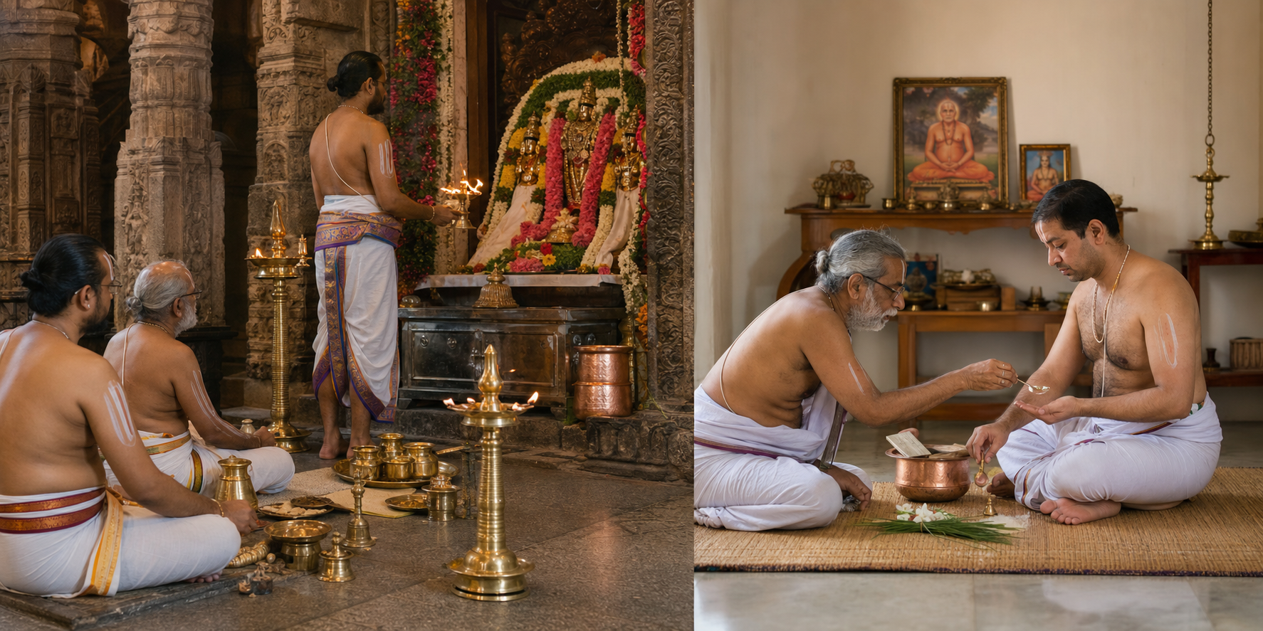 A temple Agama ceremony and a separate household Upakarma rite are shown side by side in distinct ritual settings.