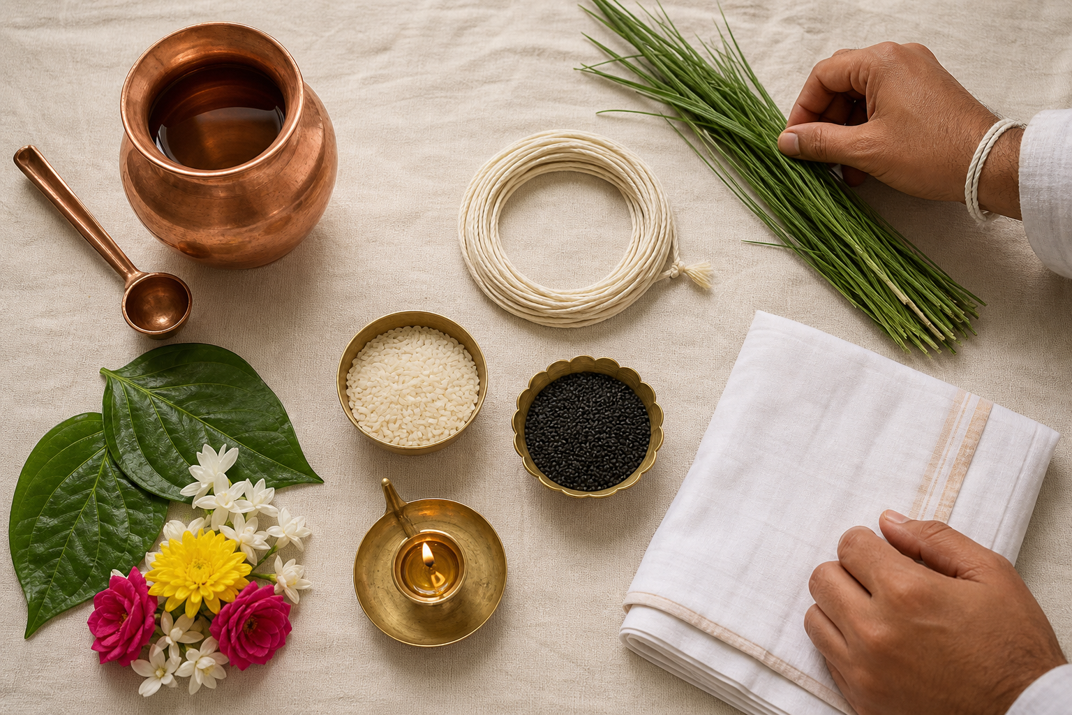 Sacred thread, darbha grass, copper vessels, rice, sesame, flowers, leaves, a lamp, and white cloth are arranged for a personal Upakarma rite.