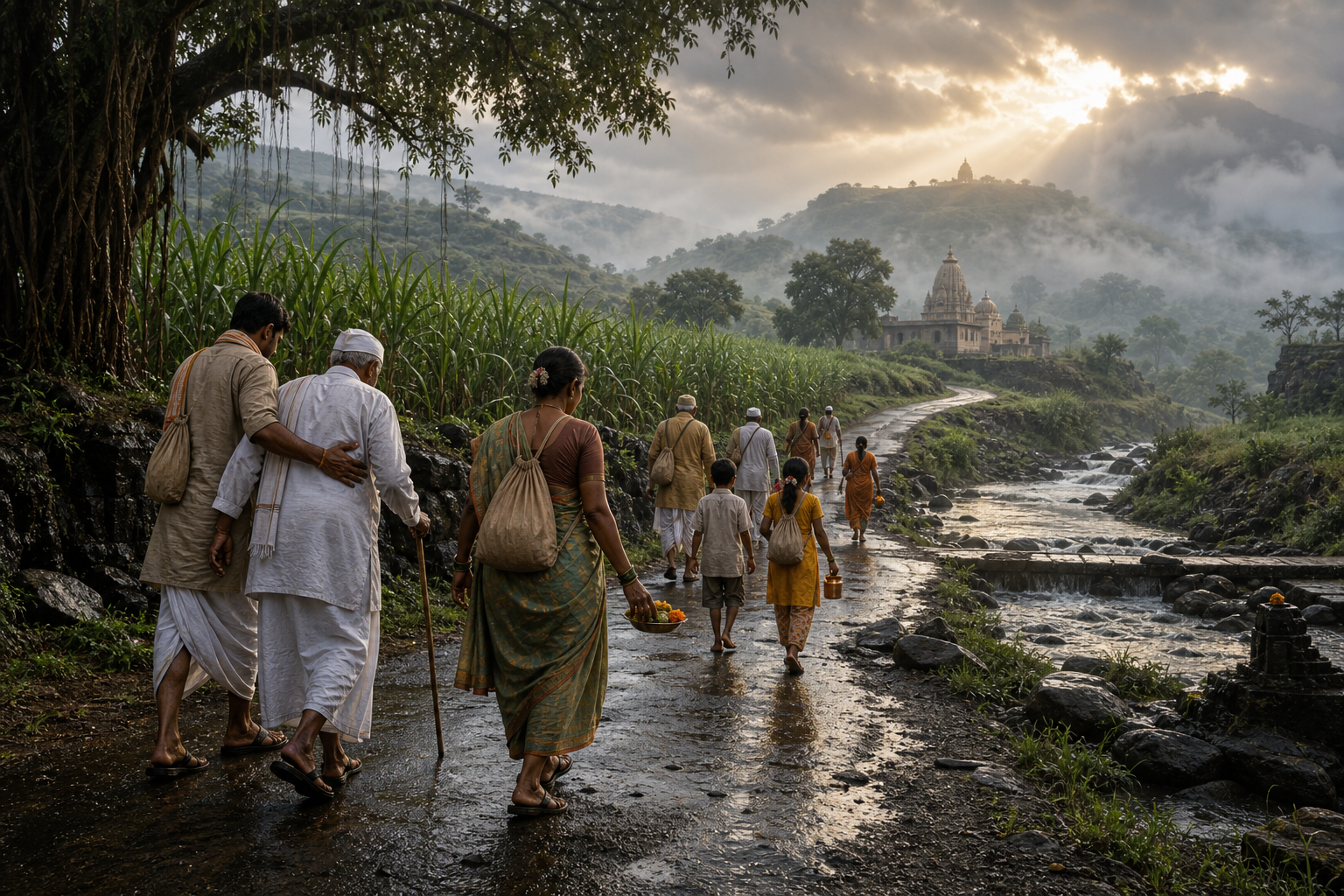 Pilgrims of different ages walk together along a wet rural road in Maharashtra toward a Ganesha temple visible through the morning mist.