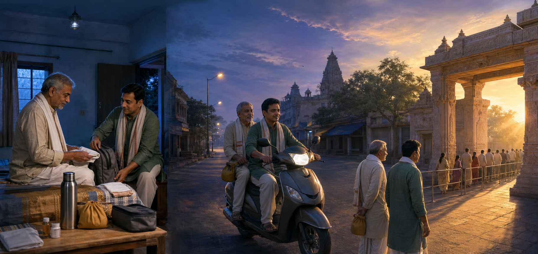 Pilgrims prepare before dawn, travel through quiet streets, and arrive early at a temple entrance for morning darshan.